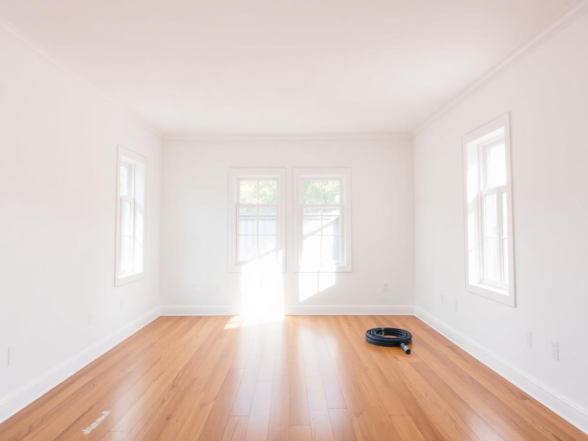 Freshly drywalled and painted living room with new hardwood flooring