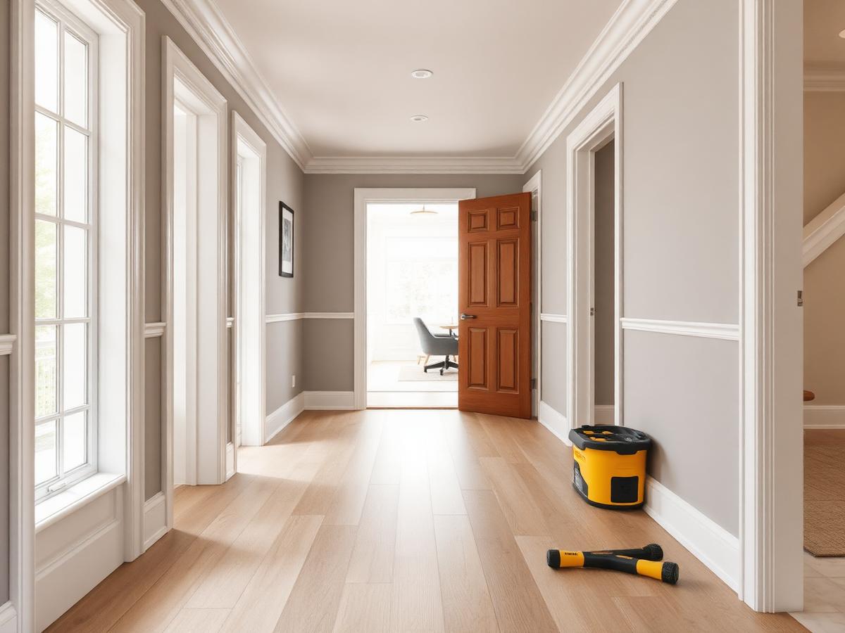 Renovated interior hallway with new flooring and trim